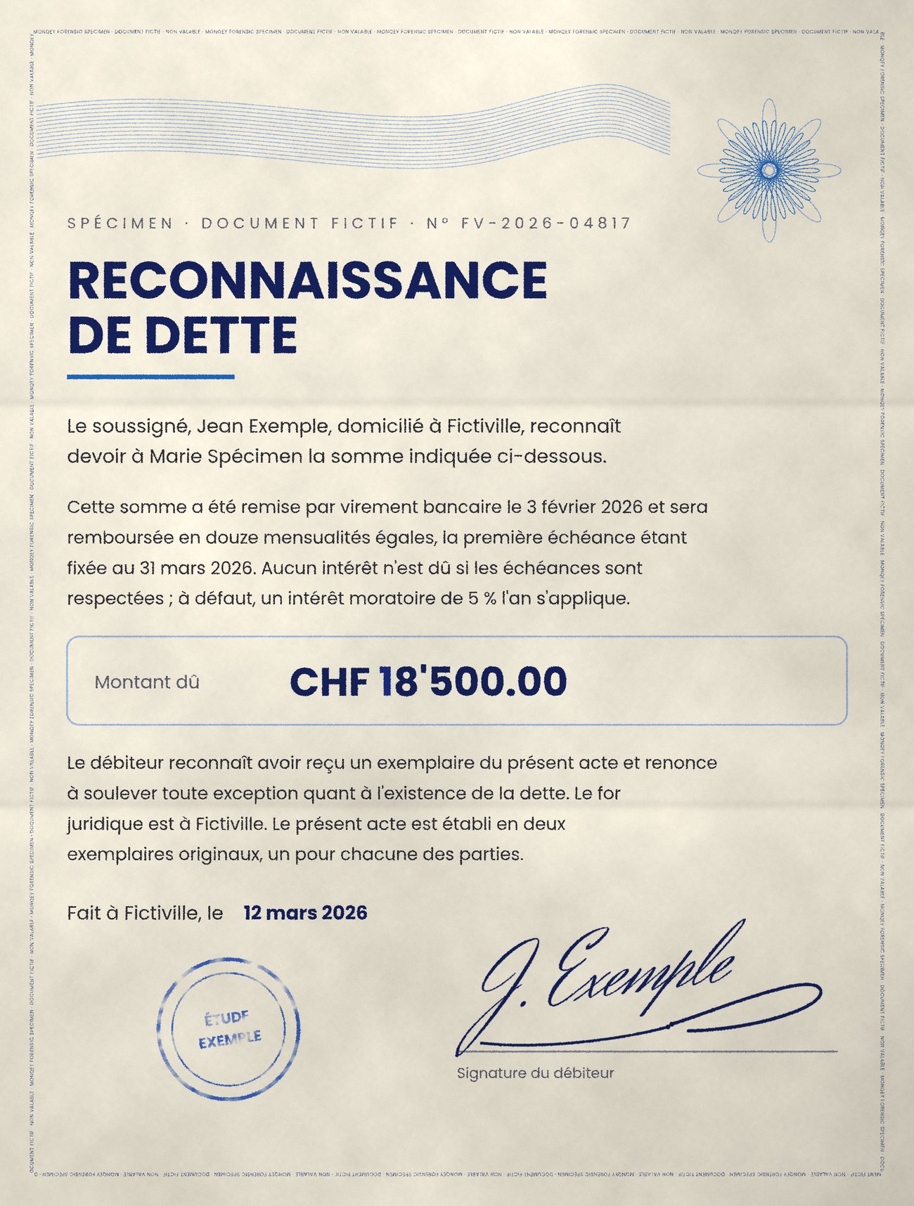Spécimen fictif sous lumière blanche